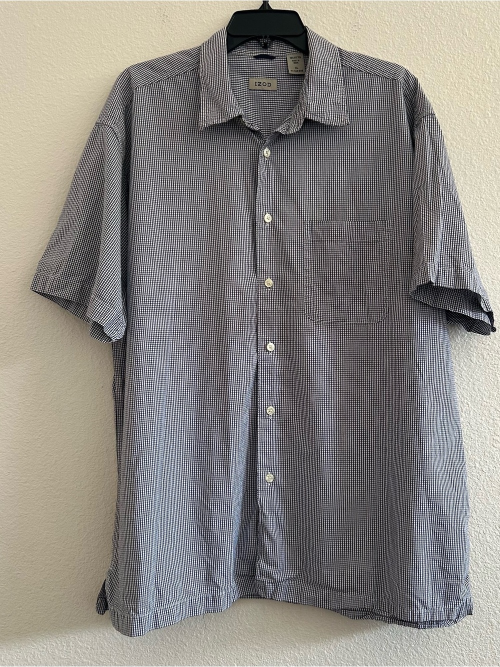 Izod Men’s Short Sleeve Button-Down Shirt in Navy and White Micro-Check